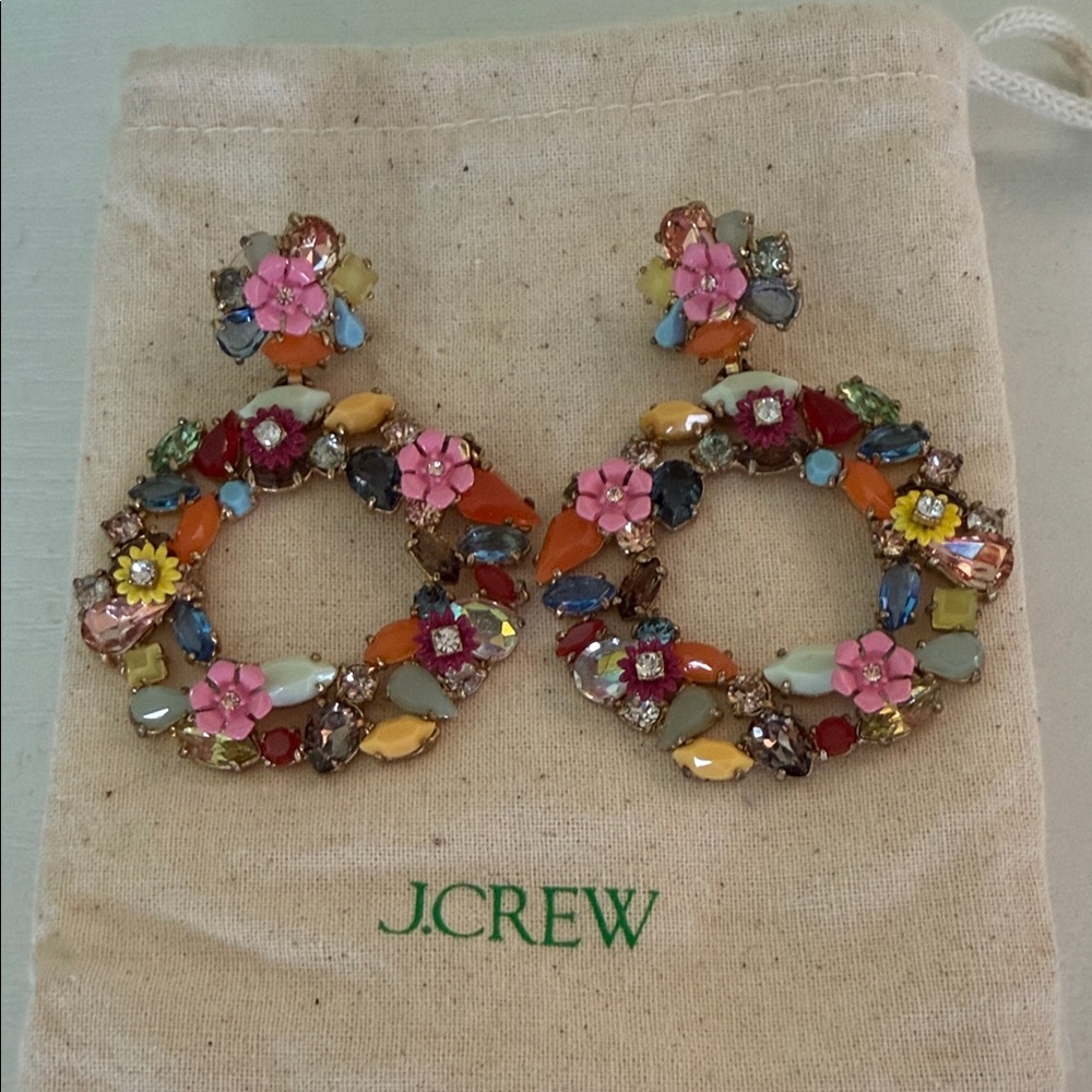 J. Crew Multicolor Floral Hoop Crystal Earrings